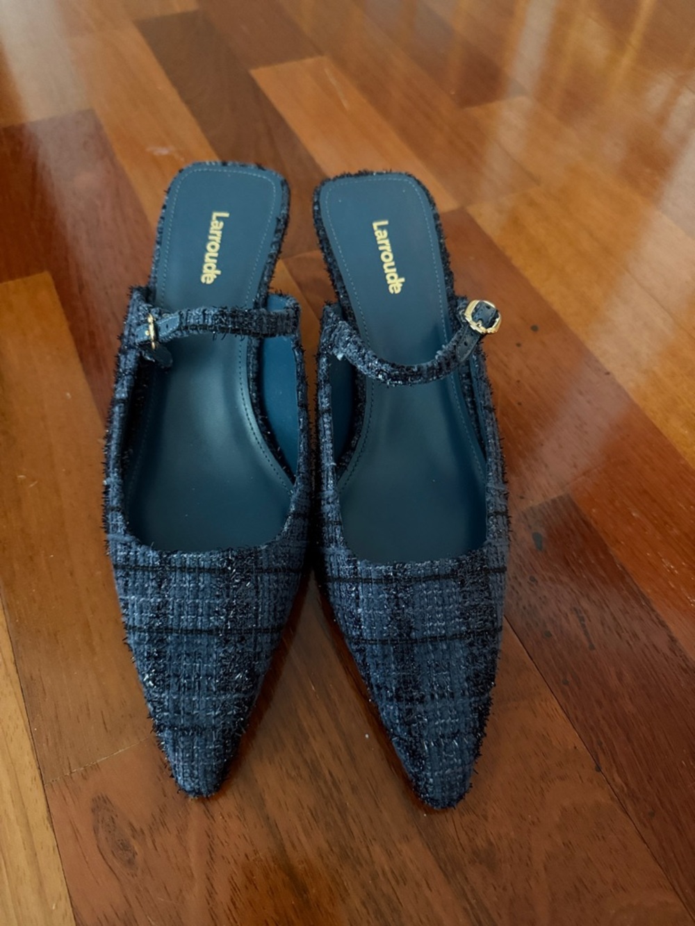 Larroude Navy Tweed Mary Jane Mules Sandals 8.5